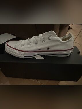 Converse White Canvas Sneakers with Red & Navy Stripe